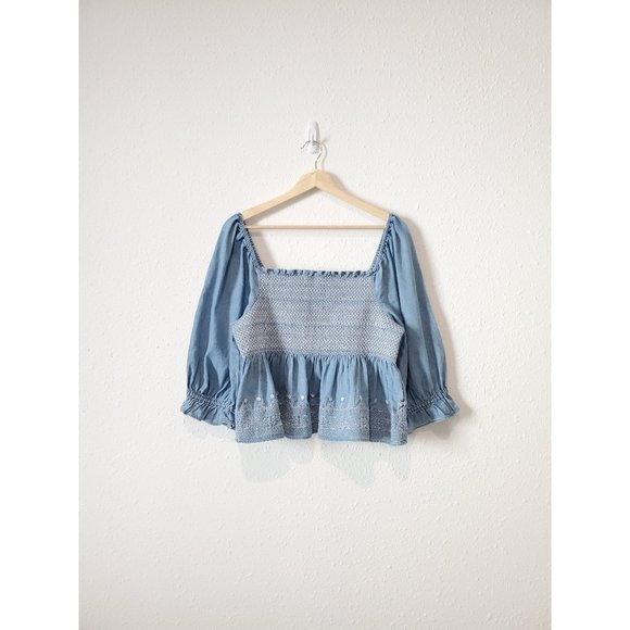 American Eagle Denim Embroidered Square Neck Smocked Top L - Picture 2 of 7